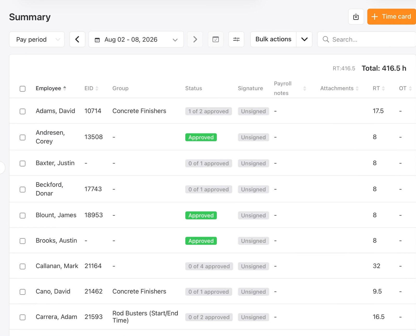 Raken time tracking options: individual time clock, kiosk and crew time cards