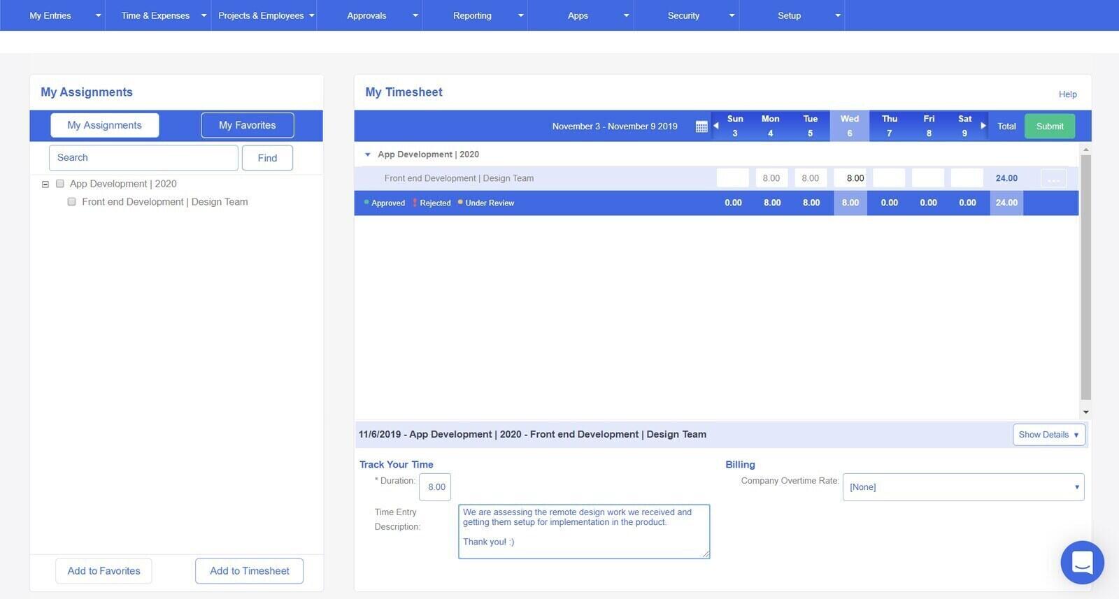 Dovico Timesheet weekly entry grid with approval status and a time entry description panel