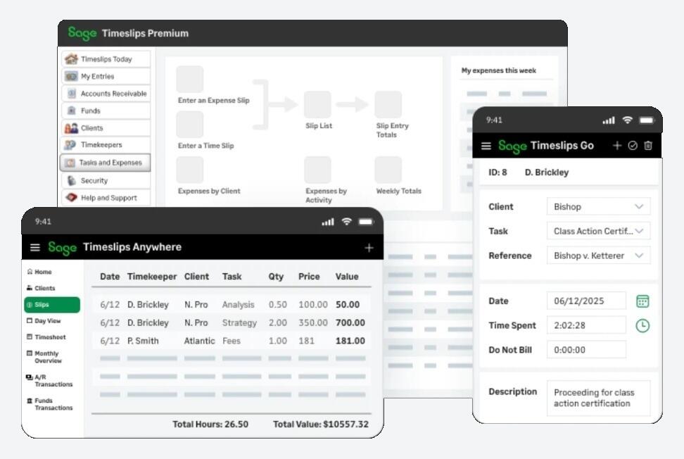 Sage Timeslips Premium on desktop with Timeslips Anywhere and Timeslips Go showing time slips by client and a timekeeper's entry