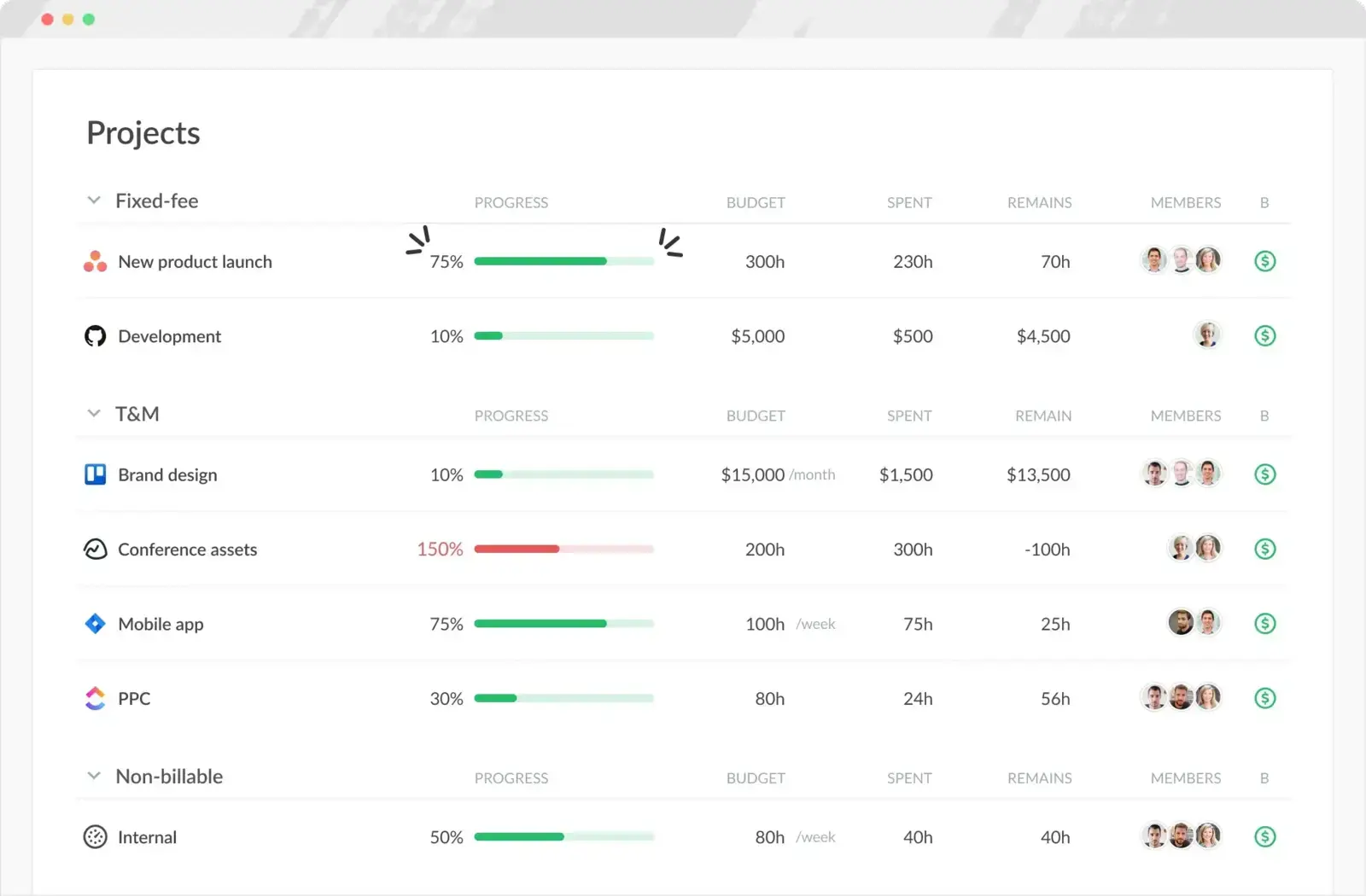 Everhour interface connected to tasks and project reporting