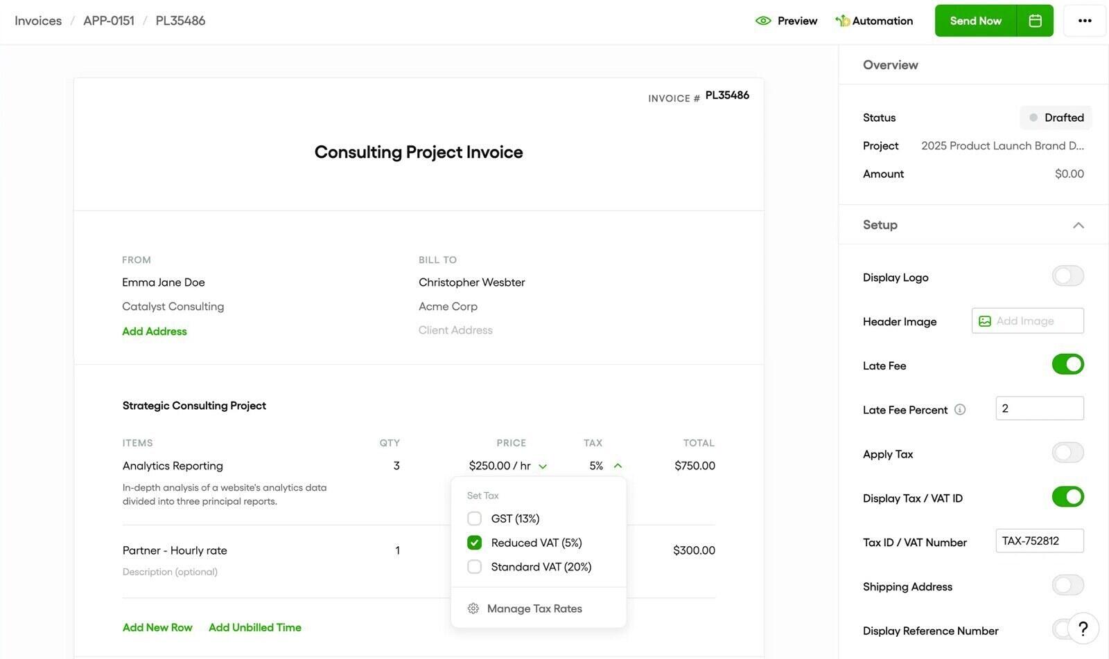 Bonsai invoice editor with hourly line items, tax options and an Add Unbilled Time link