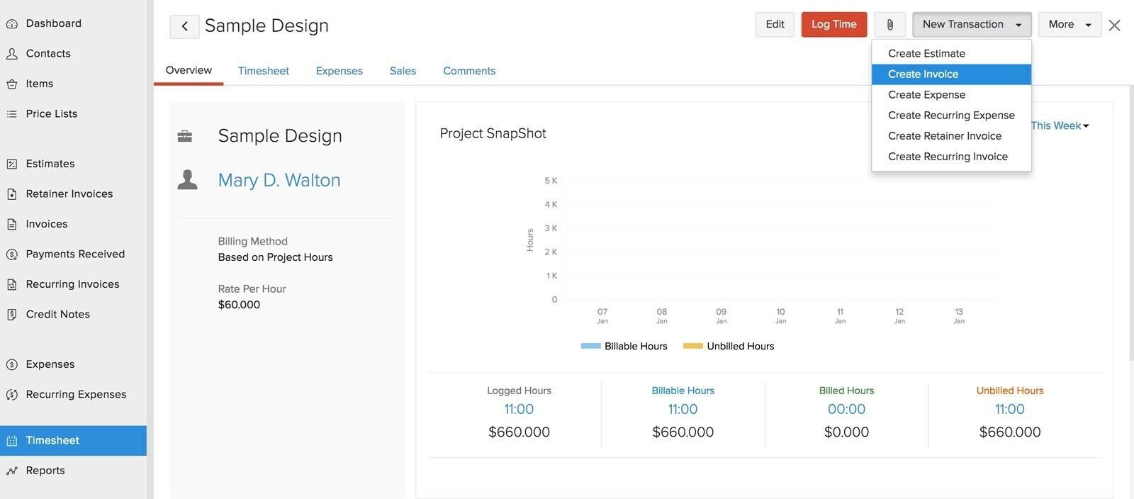 Zoho Invoice project overview with logged, billable, billed and unbilled hours and a Create Invoice option