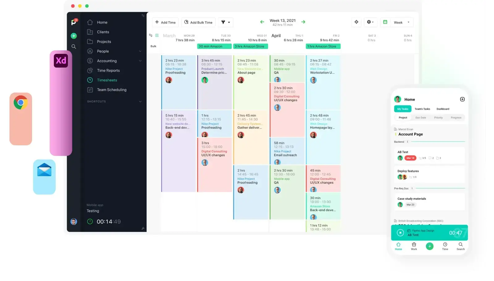 Paymo dashboard with projects, timers, and invoicing
