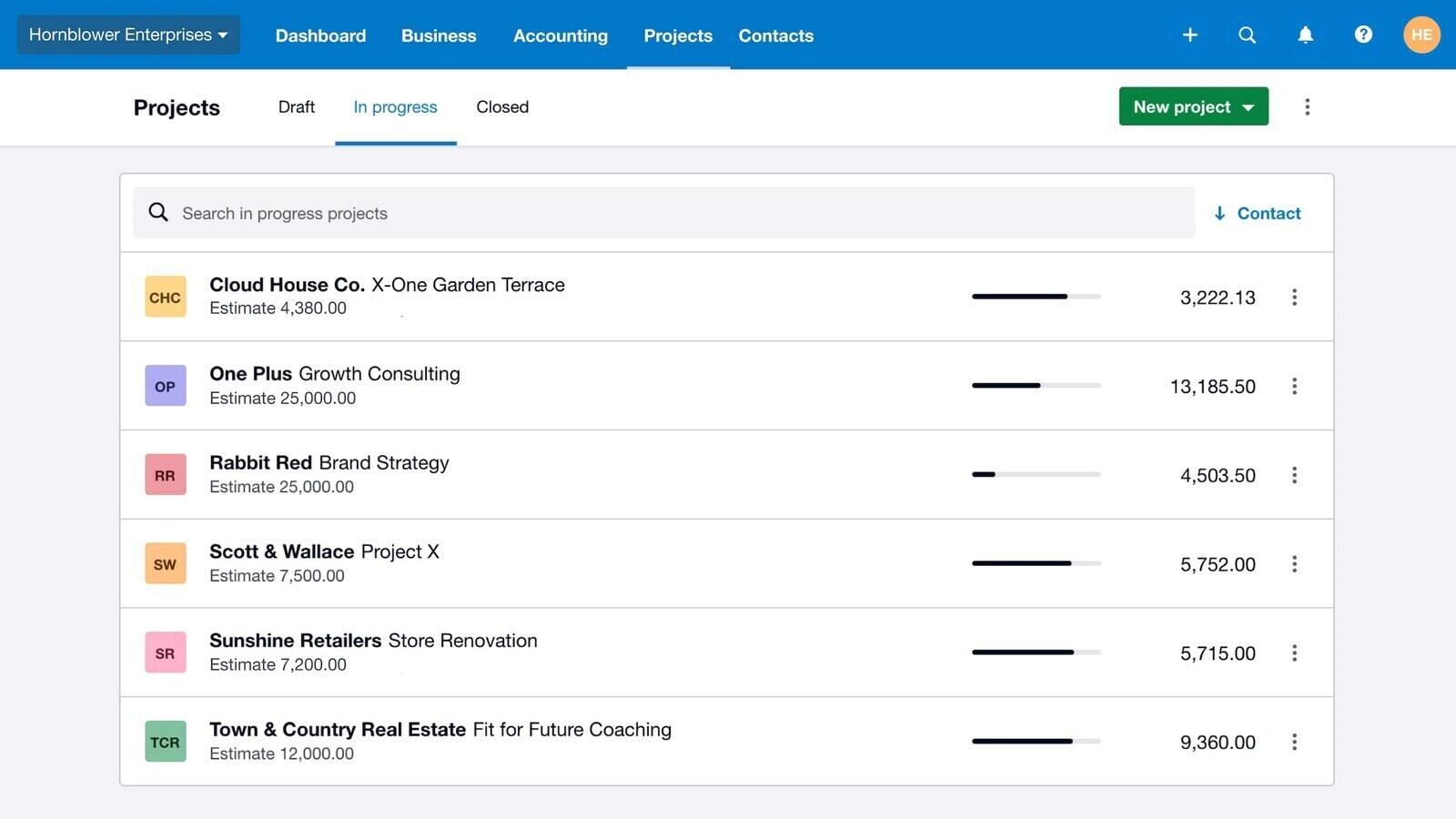 Xero Projects list of in-progress projects with estimates, progress bars and amounts to date