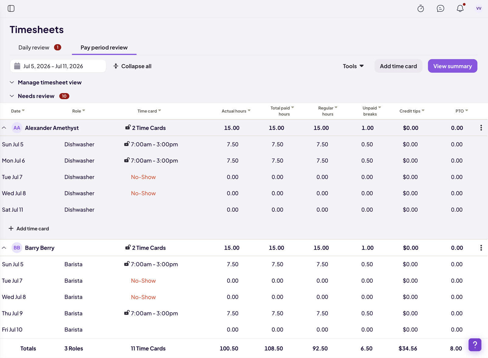 Homebase timesheet detail showing worked hours against the scheduled shift, paid and unpaid breaks, notes and GPS validation