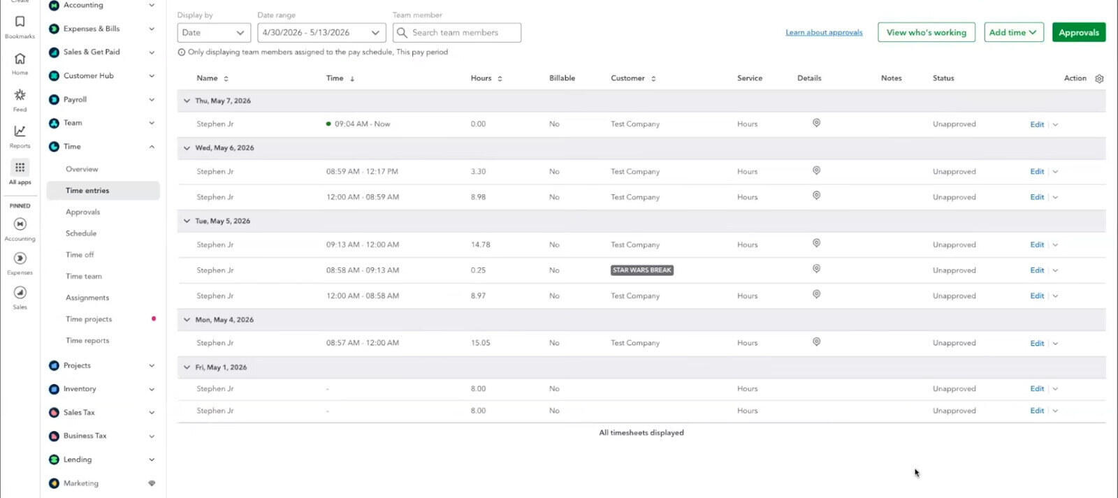 QuickBooks Workforce app showing the time clock, day total with latest paycheck, and the who's working map