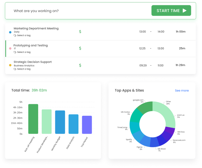 TimeCamp interface for reporting and time capture