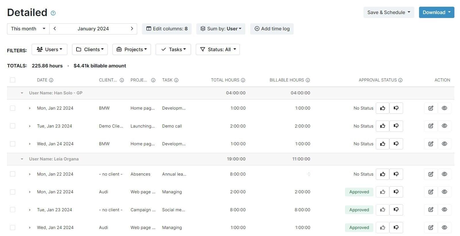 My Hours detailed report with time entries by client, project and task, total and billable hours
